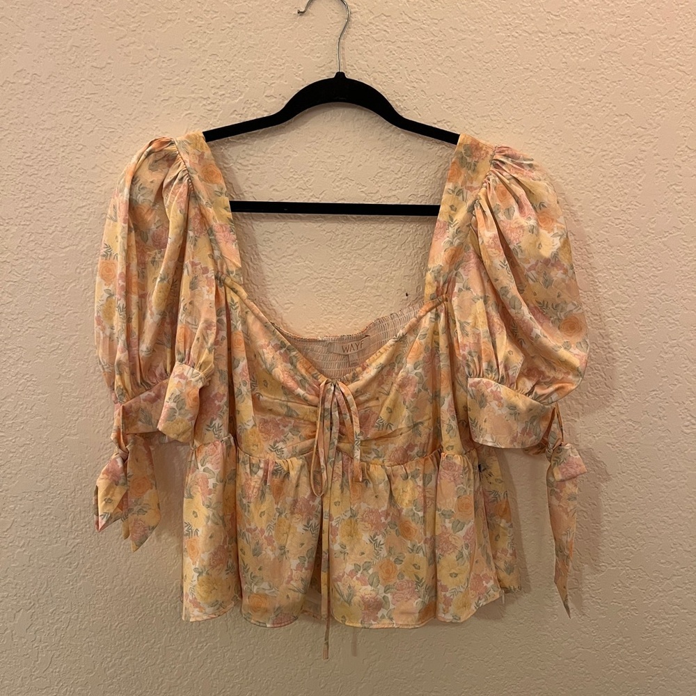 Wayf Yellow Floral Flutter Sleeve Blouse with Ruffled Peplum